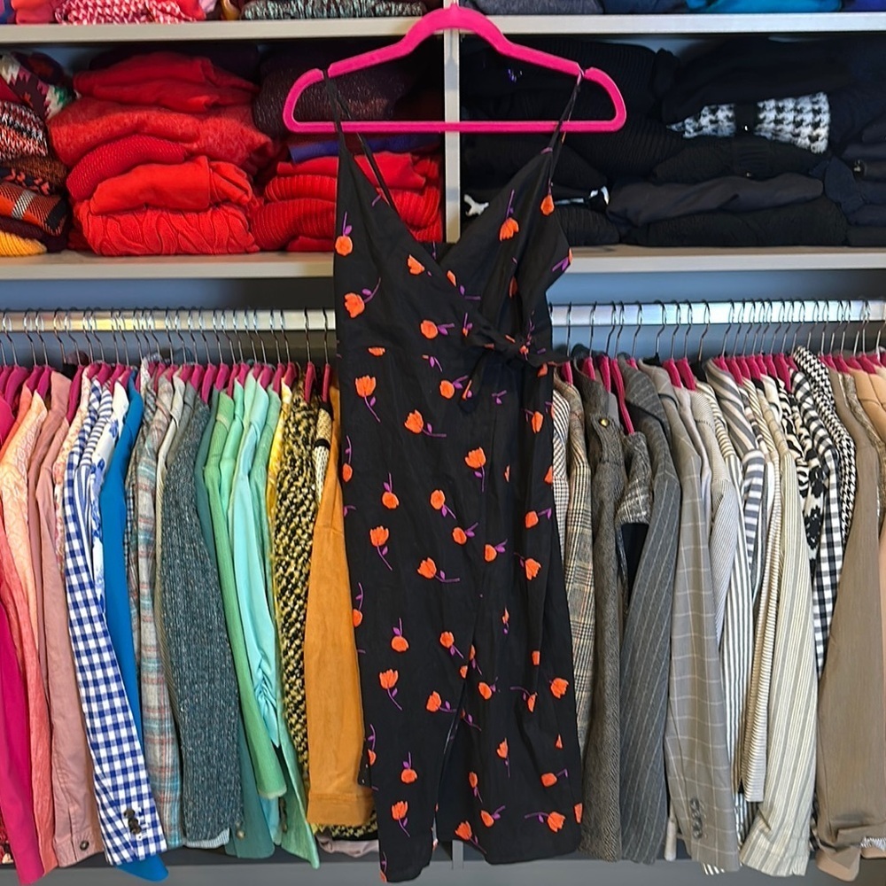 Urban Outfitters black/orange floral smocked back adjustable strap wrap dress SP